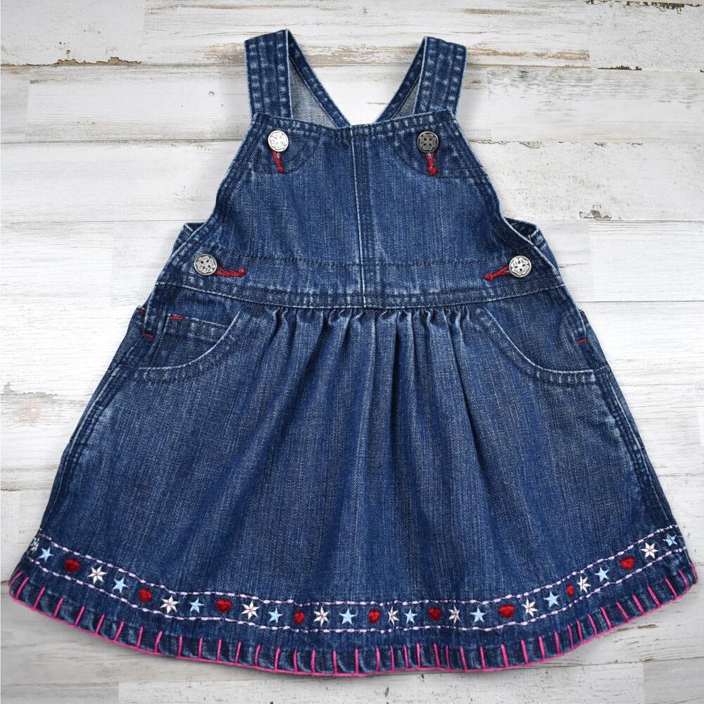 OshKosh 12 MO Baby Girl Blue Denim Jean Overall Dress Embroidered Flowers Hearts